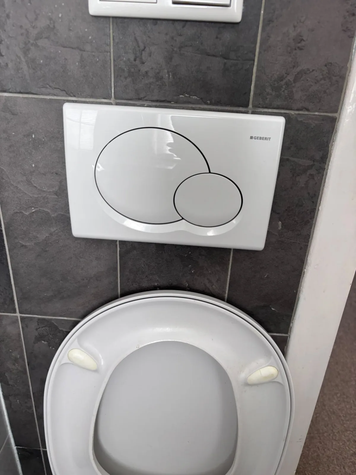 Close-up wit Geberit toiletbedieningspaneel op donkergrijze tegelwand, met toiletzitting.